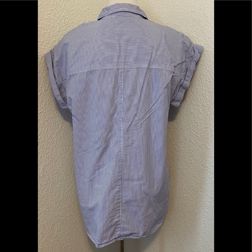 J. Crew Blue White Pinstripe Cap-Sleeve Button Shirt - Picture 9 of 15